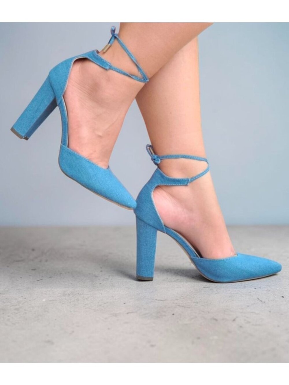 Blue Denim Ankle Strap Block Heels For Women Closed Pointed Toe Comfortable High